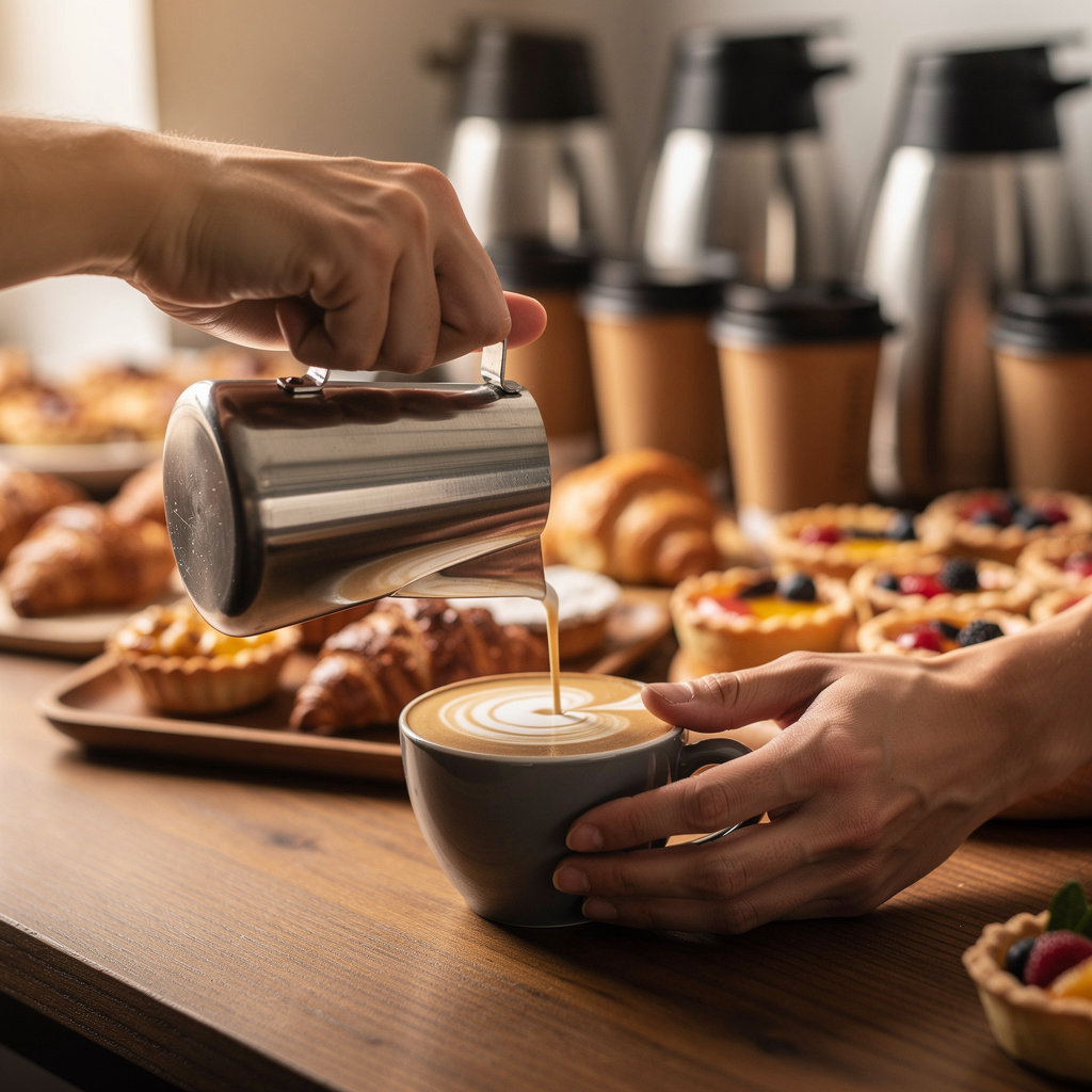 Morning Brew Co artisan coffee and fresh pastries displayed in a cozy cafe setting